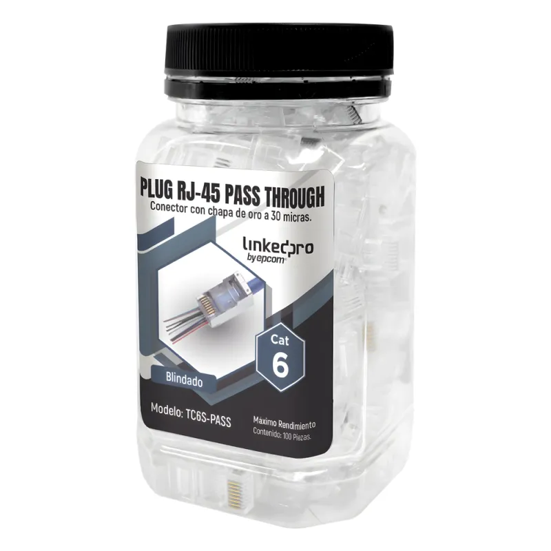 Bote con 100 Plugs Pass Through RJ45 Cat6 Blindado Chapado de Oro a 30 Micras para Durabilidad Extrema