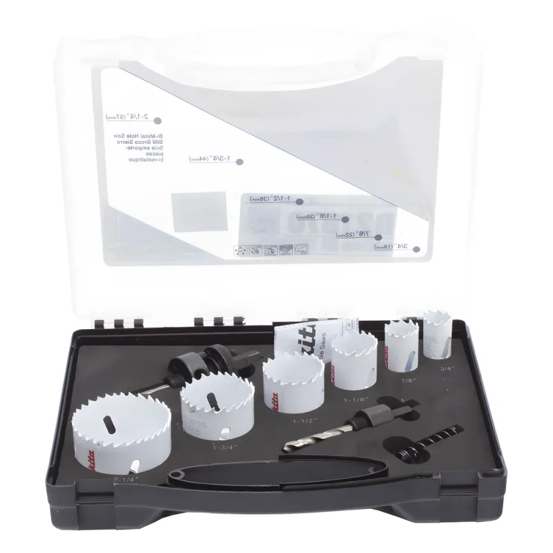 Kit de broca sierras (3/4 - 2 1/4 in) incluye 6 piezas de broca sierras, 2 adaptadores y resorte de expulsión.