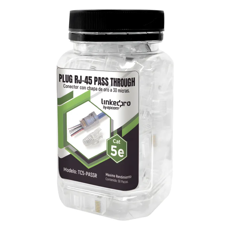 Bote con 50 Plugs Pass through RJ45 Cat5e sin blindaje, con alivio de tensión incluido, chapado de oro a 30 micras para durabilidad extrema