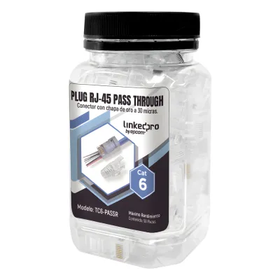 Bote con 50 Plugs Pass Through RJ45 Cat6 sin Blindaje, con Alivio de Tensión Incluido, Chapado de Oro a 30 Micras para Durabilidad Extrema