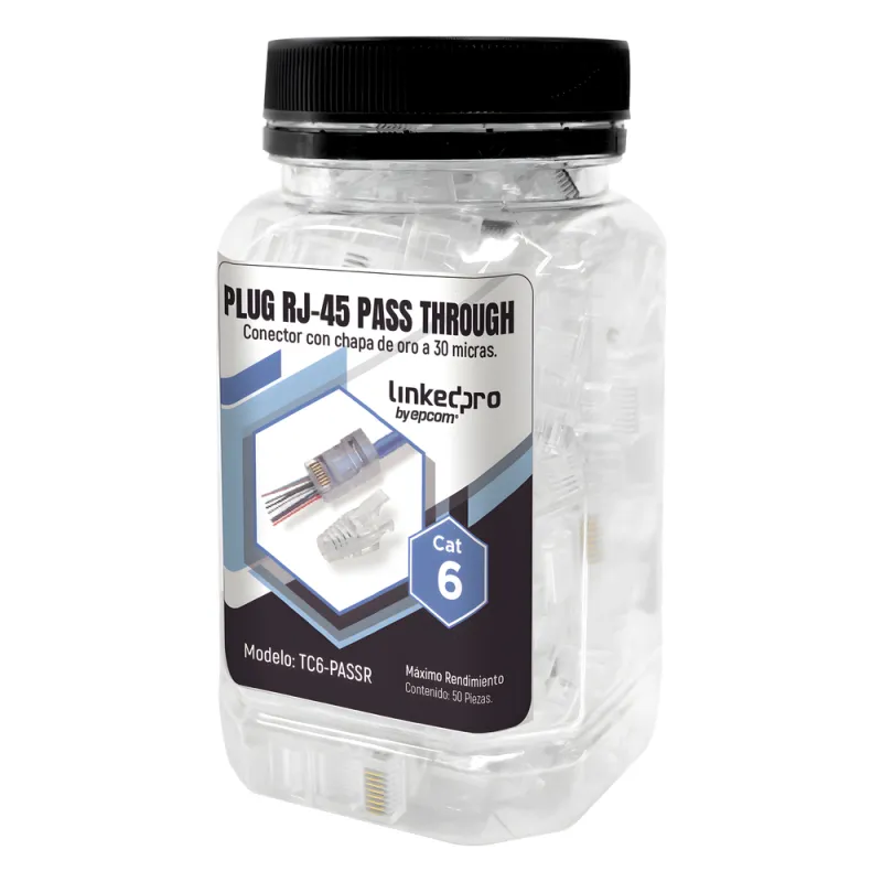 Bote con 50 Plugs Pass Through RJ45 Cat6 sin Blindaje, con Alivio de Tensión Incluido, Chapado de Oro a 30 Micras para Durabilidad Extrema