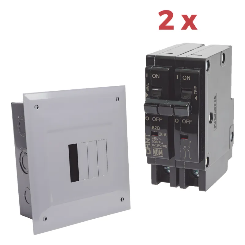 Kit Centro de Carga 4P para empotrar con 2 Interruptores Térmicos de 2 Polos, 20Amp 120/240Vca 10kA.