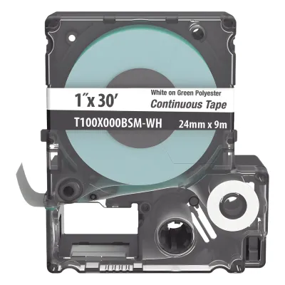 Casete de Etiquetas de Poliéster de Cinta Continua, Color Blanco Sobre Verde, Uso Interior/Exterior, 24 mm (0.94 Pulgadas) de Ancho x 9.1 Metros (29.86 Pies) de Largo