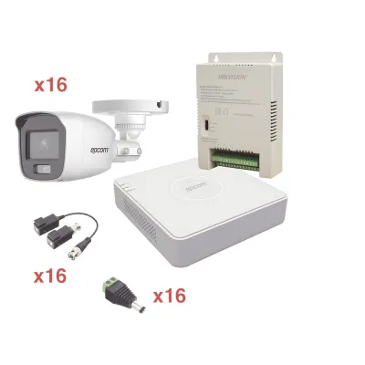Kit TurboHD 1080p Lite / DVR 16 Canales / 16 Cámaras Bala Exterior ( 2.8mm) con ColorVu + Micrófono Integado / Transceptores / Conectores / Fuente de Poder Profesional