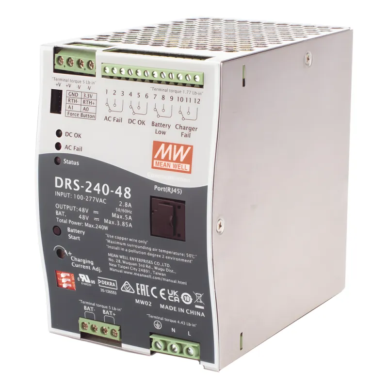 Fuente de Poder Industrial de 240W con Cargador de Baterías, salida 48Vcc, 5A, para montaje Riel Din