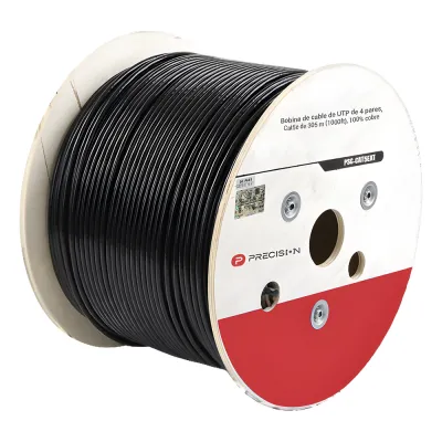 Bobina de Cable de UTP de 4 Pares Cat5e de 305 Metros (1000 Pies), 100% Cobre, LDPE Resistente a Rayos UV Relleno de Gel, Color Negro, 24 AWG, Uso en Exterior, Para Aplicaciones de Voz, Datos y Video