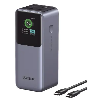 Power Bank de 20000mAh | 3 Salidas 130W Max. | USB-A + 2 USB-C | PD 3.0 | QC3.0 | FCP | SCP | Pantalla Inteligente | Carcasa Ignifuga | Color Gris | Incluye Cable USB de 50cm | Carga tu Laptop de Manera Segura.