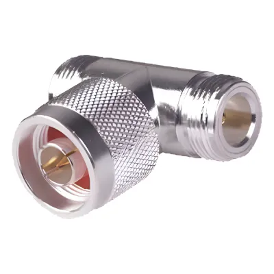 Adaptador en T, de Conector N Macho a Doble N Hembra, Plata/ Oro/ Teflón.