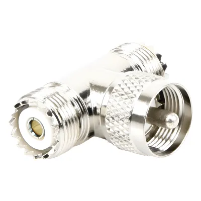 Adaptador en forma T, de Conector UHF Macho (PL-259) a Doble UHF Hembra (SO-239), Níquel/ Plata/ Delrin.