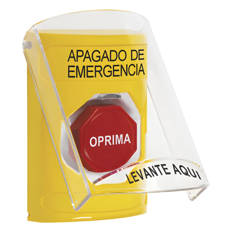 Botón de Apagado de Emergencia, Texto en Español, Tapa Protectora de Policarbonato Súper Resistente, Restablecimiento con Llave