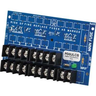 Módulo Distribuidor de Energía UL / 8 Salidas Clase 2 Protegidas PTC / Entrada 12-24VDC o 24-28VAC / Auto-resetable 2A por Salida / UL294-UL603-UL1481 / Montaje Incluido