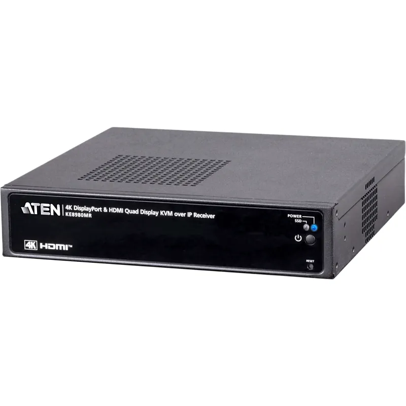 Receptor KVM sobre IP | Quad-Display 2 HDMI + 2 DisplayPort | 4096 x 2160 @ 60Hz | Modo Multi-View hasta 16 Fuentes | Modo Operación hasta 108 Pantallas | Latencia 5-48 ms | RDP-VNC | H.264-H.265 | HLS-RTSP-RTMP-ONVIF | 2 Puertos RJ-45 con Failover