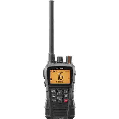 Cobra BlueBound 350 Color Negro / Radio VHF Marina Portátil Flotante / 215 Canales / Espaciado 25 kHz / IPX7 Sumergible / Potencia 1-3-6 W / NOAA / Tri-Watch / Batería Litio Recargable / USB-C / Cargador Dock