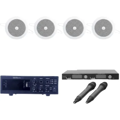 KIT Ideal para Salas de Conferencias | Amplificador de 120W EPB120E | 2 Micrófonos Inalámbricos SF521UH | 4 Altavoces de Plafón de 4" SF104GD