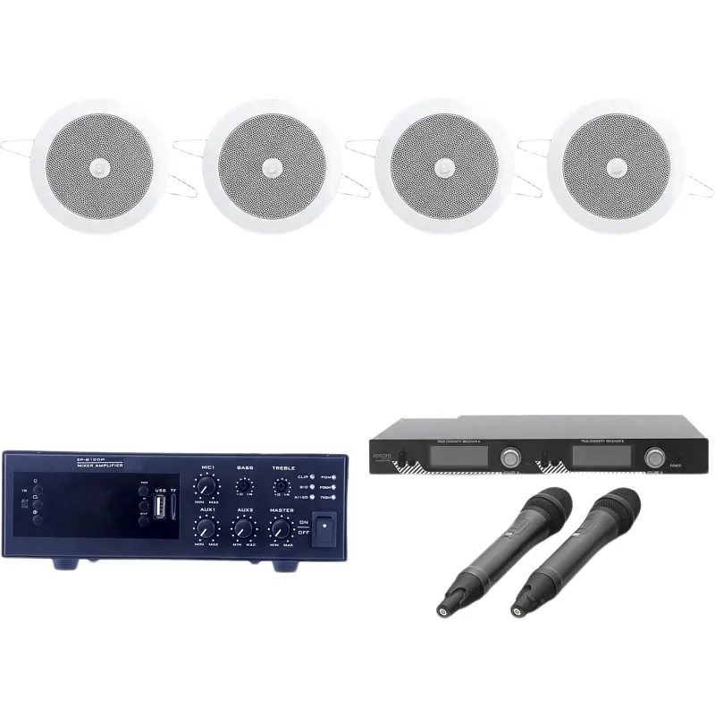 KIT Ideal para Salas de Conferencias | Amplificador de 120W EPB120E | 2 Micrófonos Inalámbricos SF521UH | 4 Altavoces de Plafón de 4" SF104GD