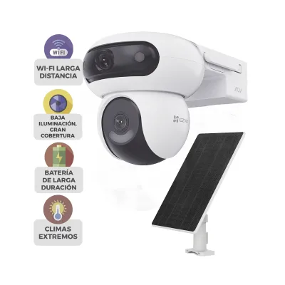 Kit Incluye Cámara Wi-Fi 6 + 4G LTE con Panel Solar / Doble Lente (4MP+4MP) / Visión Nocturna ColorFULL / Batería 10,400 mAh / / IP65 Exterior / IA Detección Humana y Vehicular / Audio Bidireccional