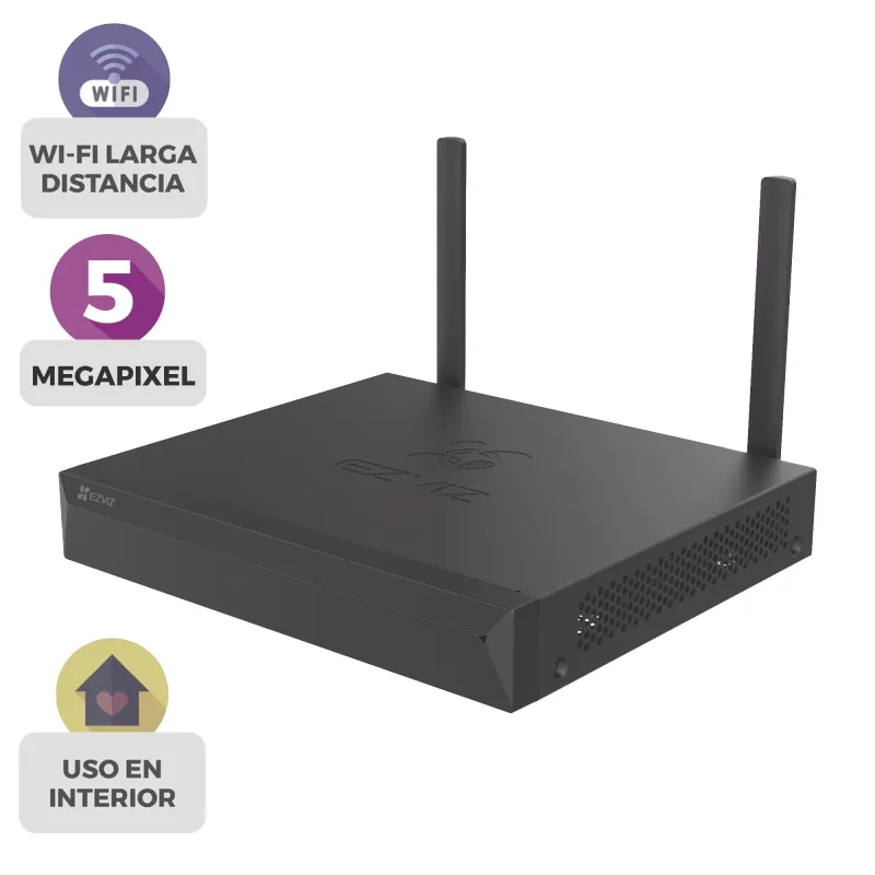 NVR 3K (5 Megapixel) / Para 4 Cámaras / 2 antenas Wi-Fi / Compresión H.265 / Almacenamiento hasta 8TB / Salida HDMI-VGA / Compatible ONVIF