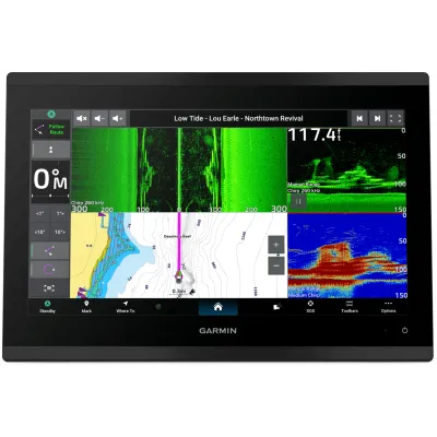 Plotter Náutico Premium / Pantalla Táctil 4K IPS Mini LED 33.7 cm (13.27 in) / Resolución 3840 x 2160 / Sonda 1 kW CHIRP ClearVü SideVü Panoptix LiveScope / GPS Multibanda y Multiconstelación 10 Hz / Wi-Fi 2.4 y 5 GHz