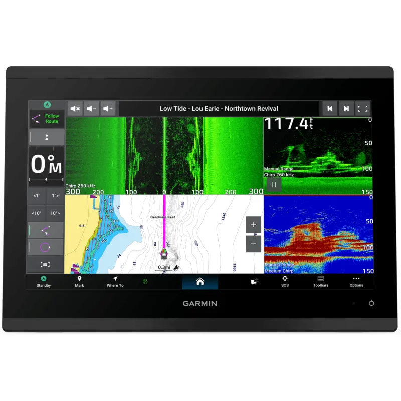 Plotter Náutico Premium / Pantalla Táctil 4K IPS Mini LED 33.7 cm (13.27 in) / Resolución 3840 x 2160 / Sonda 1 kW CHIRP ClearVü SideVü Panoptix LiveScope / GPS Multibanda y Multiconstelación 10 Hz / Wi-Fi 2.4 y 5 GHz