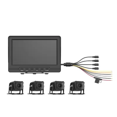Sistema de Monitoreo Local / 4 Cámaras 1080p para Exterior (IP68) y Pantalla LCD de 7" a Color / Soporta Memoria Micro SD Hasta 512 GB / Soporta Cambio de Cámara al Dar Reversa al Vehiculo / Accesorios de Instalación