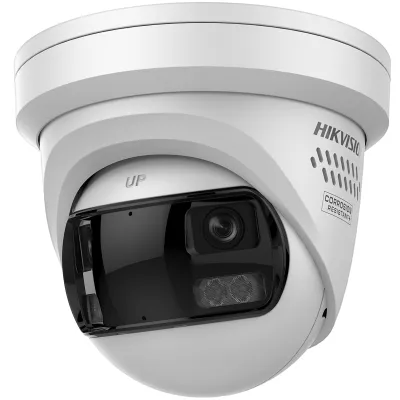 [PROTECCIÓN ACTIVA] Turret IP Panorámica 8 Megapíxel (4K) / 2 Lentes 2.8 mm (180°) / Imagen a Color 24/7 (ColorVu 3.0) / PoE / WDR 130 dB / IP67 / ACUSENSE / Luz Estroboscópica y Alarma Audible / 30 mts Luz Blanca / Micro SD