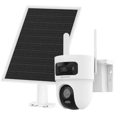 Kit Solar IP All in One Doble Lente / AOV / PT IP 4 Megapixel Lente 4 mm / Fijo 4 Megapixel Lente 2.8 mm / Panel Solar + Batería de Respaldo de Litio (9000 mAh) / Audio Bidireccional / Dual Light / IP66 / Micro SD