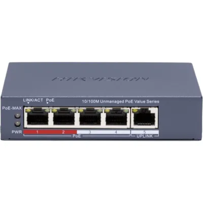 Switch PoE No Administrable / 4 Puertos 10/100 Mbps PoE / 1 Puerto 10/100 Mbps Uplink / Modo Extendido hasta 300 Metros / Gestión Inteligente de PoE / 35 Watts
