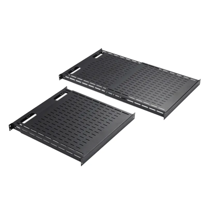 Charola Ventilada de Instalación sin Herramienta, Para Rack o Gabinetes de 4 Postes, Ajustable de 900 a 1200 mm de Profundidad, De Acero, Color Negro