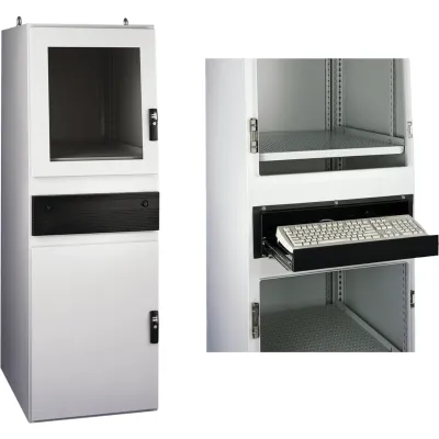 Estación de Trabajo para Computadora PROLINE Serie Gold Tipo 12 / 1600 x 600 x 800 mm (63 x 23.6 x 31.5 in) / Acero 16/14 Gauge / Ventanas de Policarbonato / Gris Claro RAL 7035 / IP55 / UL 508A / cUL / NEMA 12