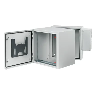 Gabinete Industrial ProTek de Puerta Sólida, Con Aire Acondicionado de 4000 BTU, Protección NEMA Tipo 4/12; IP66; IK10, Abatible, Fabricado en Acero, 19 UR, Color Gris Claro