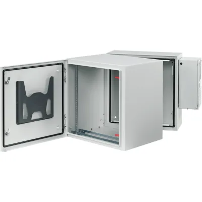 Gabinete Industrial ProTek de Puerta Sólida, Con Aire Acondicionado de 4000 BTU, Protección NEMA Tipo 4/12/4X; IP66; IK10, Abatible, Fabricado en Acero, 26 UR, Color Gris Claro