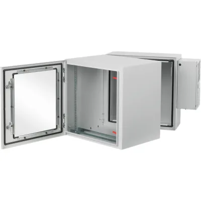 Gabinete Rack ProTek de Doble Bisagra con Puerta de Ventana / 48.54 x 23.62 x 27.95 in (1233 x 600 x 710 mm) / NEMA Type 12, IP55, IK10 / Con Aire Acondicionado 800 BTU / 26U para Racks 19 in / Acero Gris Claro RAL 7035