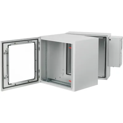 Gabinete Rack ProTek de Doble Bisagra con Puerta de Ventana / 48.54 x 27.56 x 36.02 in (1233 x 700 x 915 mm) / NEMA Type 12 / IP55 IK10 / Acero Gris Claro RAL 7035 / Acceso Frontal y Posterior / Racks 19 in
