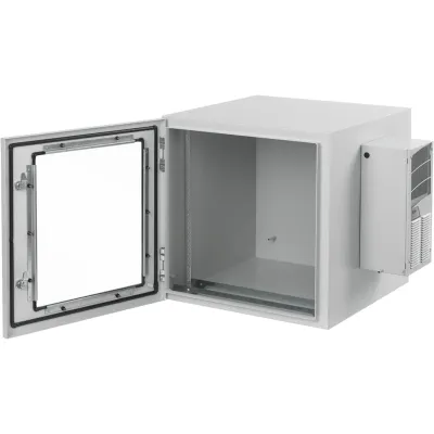 Gabinete Industrial ProTek de 12 UR de 612 x 600 x 614 mm Puerta con Ventana Con Aire Acondicionado de 800 BTU / Protección NEMA Tipo 4/12; IP66, Fabricado en Acero Color Gris Claro