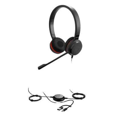 Jabra Evolve 30 II Duo con conexión USB C/A y 3.5mm, micrófono con cancelación de ruido y controlador en el cable con botones e indicadores LED (5399-829-369))