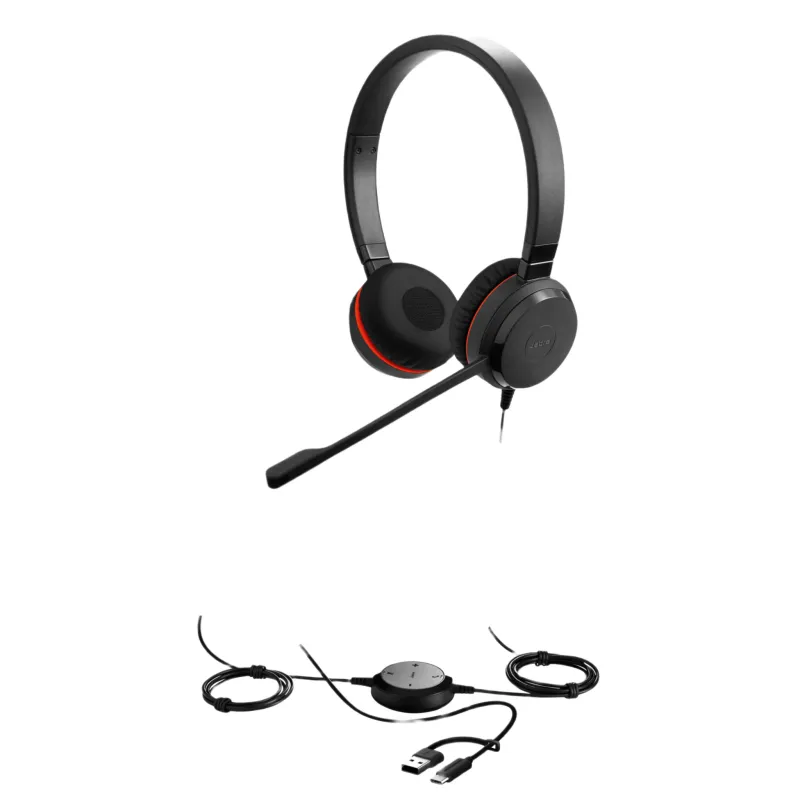 Jabra Evolve 30 II Duo con conexión USB C/A y 3.5mm, micrófono con cancelación de ruido y controlador en el cable con botones e indicadores LED (5399-829-369))