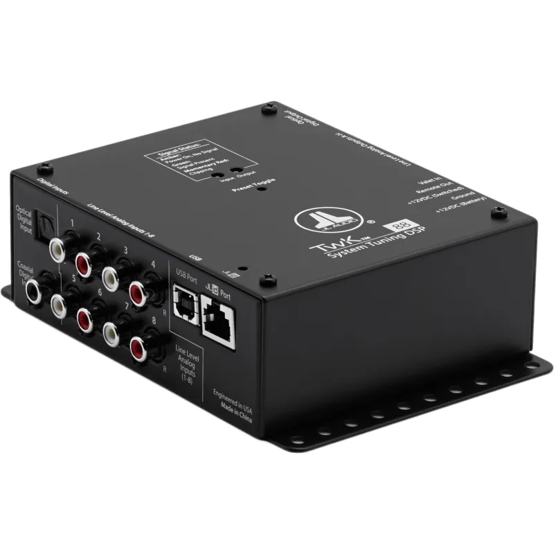Procesador de Señal Digital (DSP) / 8 Canales de Entrada y 8 de Salida / Resolución 24 bit/48 kHz / Ajuste de Sistemas JL Audio TwK / Control de Nivel Remoto DRC-200 / Salida Óptica Toslink S/PDIF / Entrada Digital TwK-D8