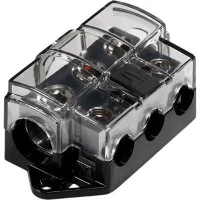 Bloque de Distribución de Alimentación de 3 Vías / Sin Fusibles / Entrada 1/0 a 4 AWG / Salidas 3 x 4 a 8 AWG / Terminales OmniSert / Latón Forjado y Maquinado / Recubrimiento Estañado Grado Marino / Cubierta Policarbona