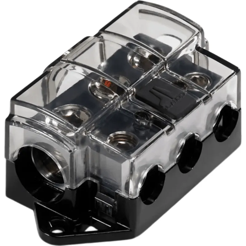 Bloque de Distribución de Alimentación de 3 Vías / Sin Fusibles / Entrada 1/0 a 4 AWG / Salidas 3 x 4 a 8 AWG / Terminales OmniSert / Latón Forjado y Maquinado / Recubrimiento Estañado Grado Marino / Cubierta Policarbona