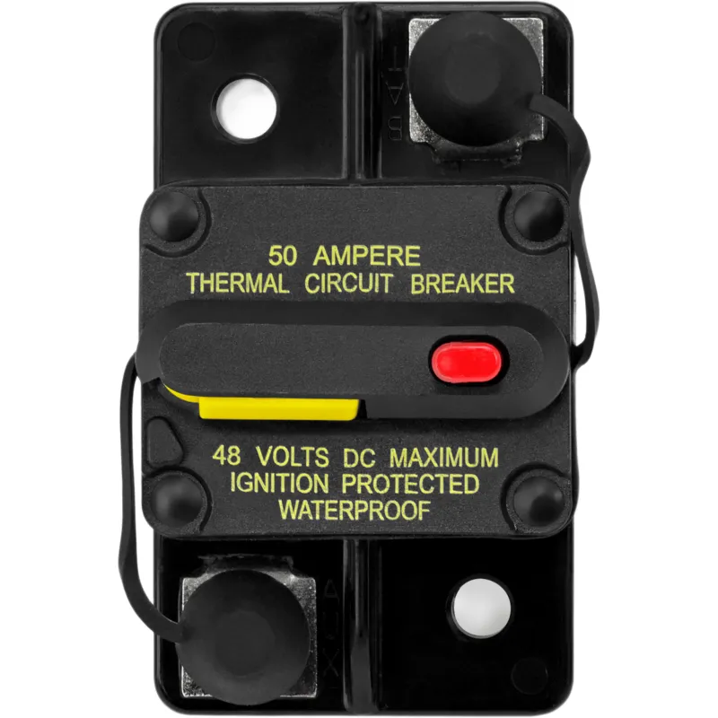 Disyuntor Marino Restablecible / 80 A / Protección IP67 / Resistente a Inmersión Temporal 1 m (3.28 ft) / Certificación SAE J1171 contra Ignición / Restablecimiento Manual / Indicador de Alta Visibilidad / Terminales de Acero I