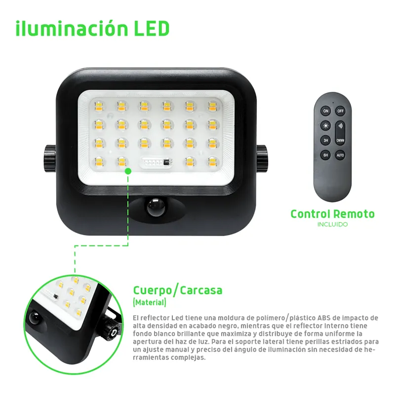 Luminario LED Solar / Sensor PIR / Potencia 100 W o 200 W / Flujo Luminoso 1600 lm o 4600 lm / Batería de Fosfato 3.2V 6Ah o 15Ah / Ángulo de Luz 120° / IP65 / ABS Negro / Exterior / Certificación NOM-003-SCFI-2014 / Garant&iacute