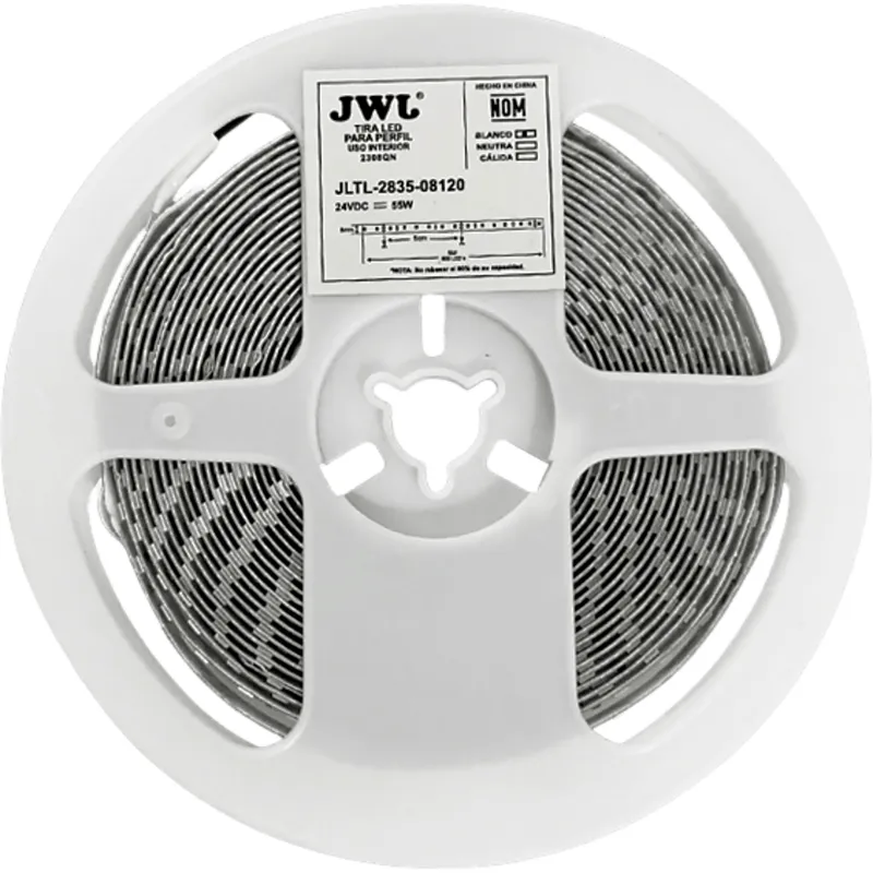 Tira LED de 5 metros / Luz Cálida 2700K /11W por metro / 24 VDC / 8 mm de Ancho / 120 LEDs por metro / Angulo de Luz de 140° / IP20 / Policarbonato / Corte cada 5 cm.