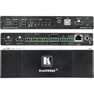 Matriz de Audio DSP 6x2 | DSP Multicanal | Cancelación de Eco Acústico AEC | De-embedding HDMI | Interfaz USB Audio Clase Compatible | 4K@60Hz (4:4:4) | PoE o Adaptador 12V DC | Carcasa DemiTOOLS