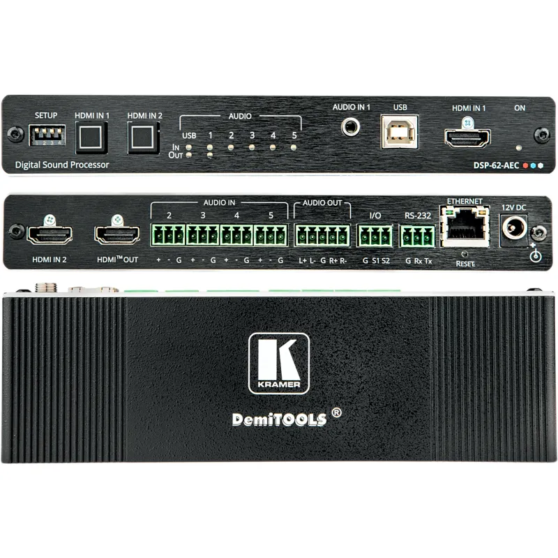 Matriz de Audio DSP 6x2 | DSP Multicanal | Cancelación de Eco Acústico AEC | De-embedding HDMI | Interfaz USB Audio Clase Compatible | 4K@60Hz (4:4:4) | PoE o Adaptador 12V DC | Carcasa DemiTOOLS