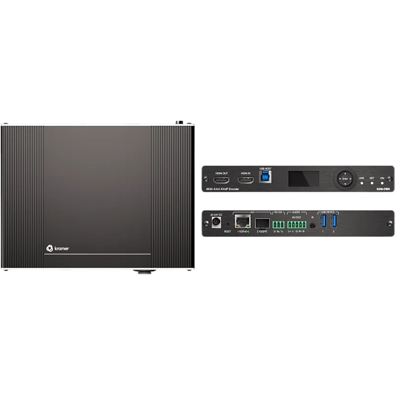 Codificador AVoIP 4K60 4:4:4 | Transmisión por Ethernet o Fibra | Audio Dante, USB, IR, RS-232, CEC | Códec Visualmente Sin Pérdidas | PoE+ | Gestión por Web y API