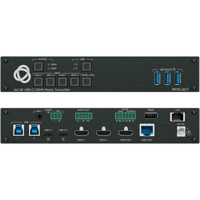 Transmisor Matricial Integrado | 2 Entradas USB-C y 2 HDMI/USB | Salidas HDMI y HDBaseT | USB 2.0 sobre HDBT | DSP de Audio Integrado | HDCP 2.2 | 4K60 18 Gbps | Carga USB-C hasta 60 W | Extensión hasta 70 m (230 ft) | Montaje Bajo Mesa o Podio