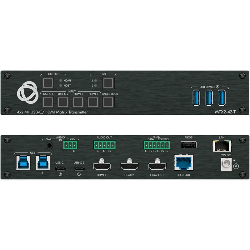 Transmisor Matricial Integrado | 2 Entradas USB-C y 2 HDMI/USB | Salidas HDMI y HDBaseT | USB 2.0 sobre HDBT | DSP de Audio Integrado | HDCP 2.2 | 4K60 18 Gbps | Carga USB-C hasta 60 W | Extensión hasta 70 m (230 ft) | Montaje Bajo Mesa o Podio