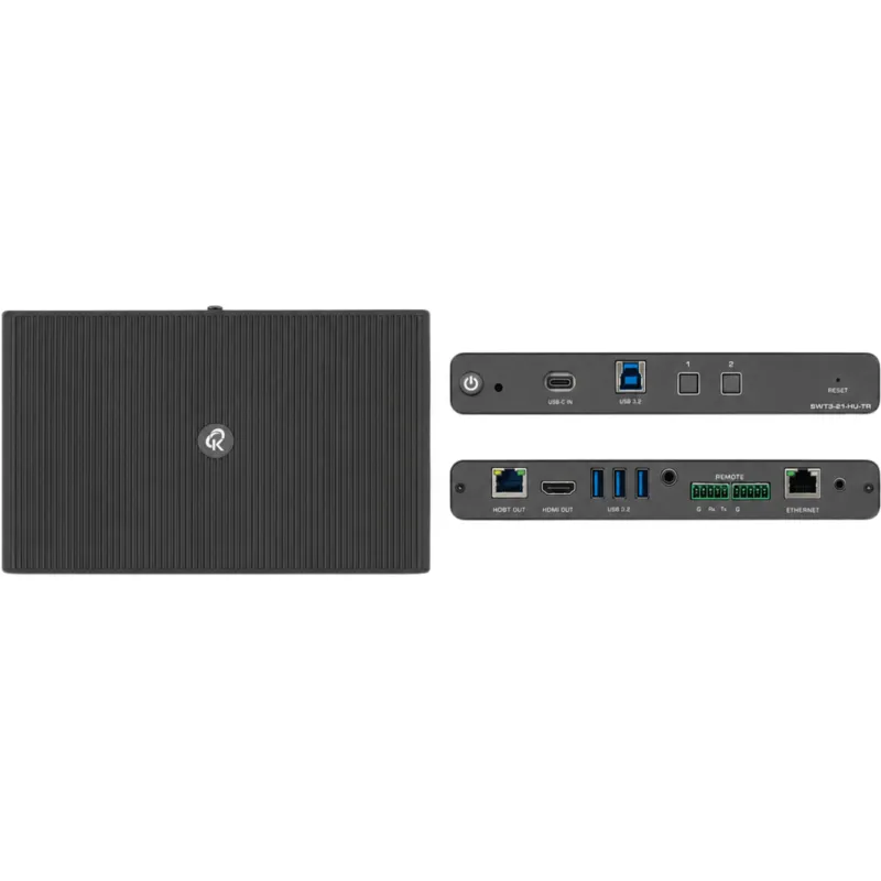 Switcher Automático 2x1 USB-C/HDMI | 4K60 4:4:4 18 Gbps HDCP 2.3 | HDBaseT 3.0 TX/RX hasta 40 m (131.2 ft) | USB 3.2 Gen 2 10 Gbps | Carga USB-C PD 60 W | Audio Balanceado con De-embedding | RS-232, IR y GPIO / Mega Tool