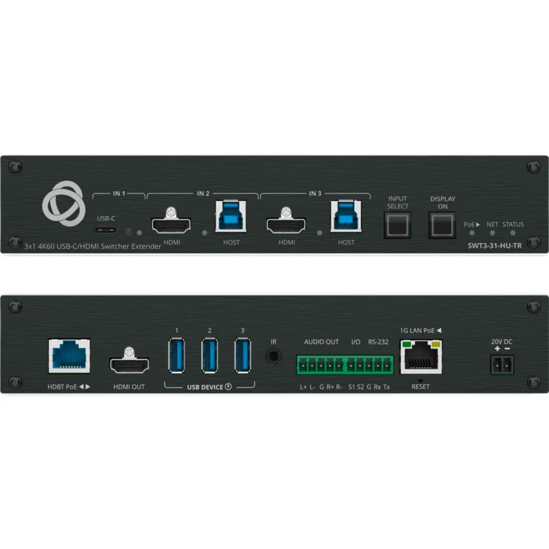 Switcher Extensor 3x1 4K60 USB-C/HDMI | HDBaseT 3.0 TX/RX hasta 100 m (328.1 ft) | USB 3.2 Acoplado | PoE | Auto-Switching K-Pair
