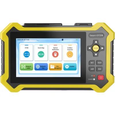 OTDR Touch para Pruebas en Enlaces Fibra Óptica Activos (Prueba de Fibra Viva) / 3 Longitudes de Onda / Integra Función OPM / Integra Función VFL 5mW / Recargable / Distancia de Prueba hasta 260 Kilómetros